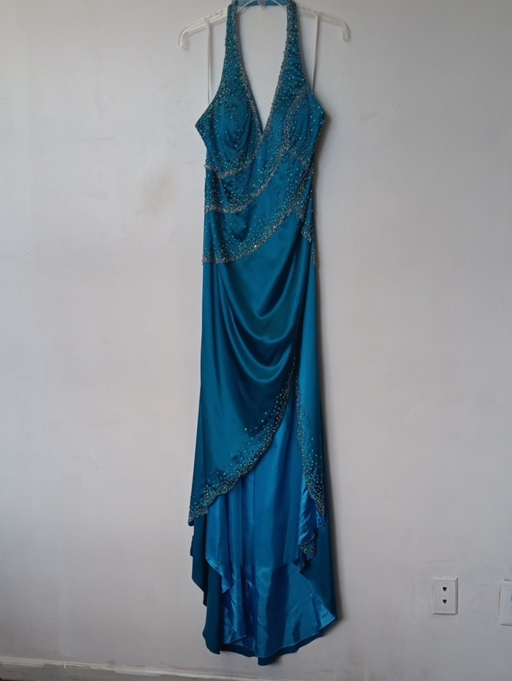 Vintage Beaded Halter Teal Evening Gown